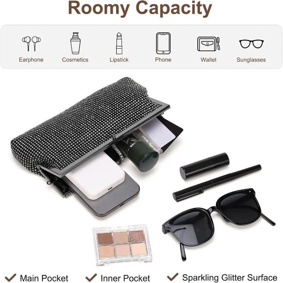 🆕Women Black Polyester Crystal Rhinestone Evening Clutch Purse Crossbody Bag - Picture 4 of 7